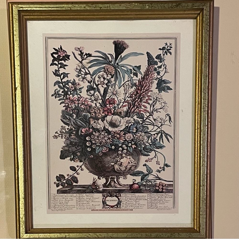 Vintage Furber December Floral Botanical Framed Print Etching Hand Color…